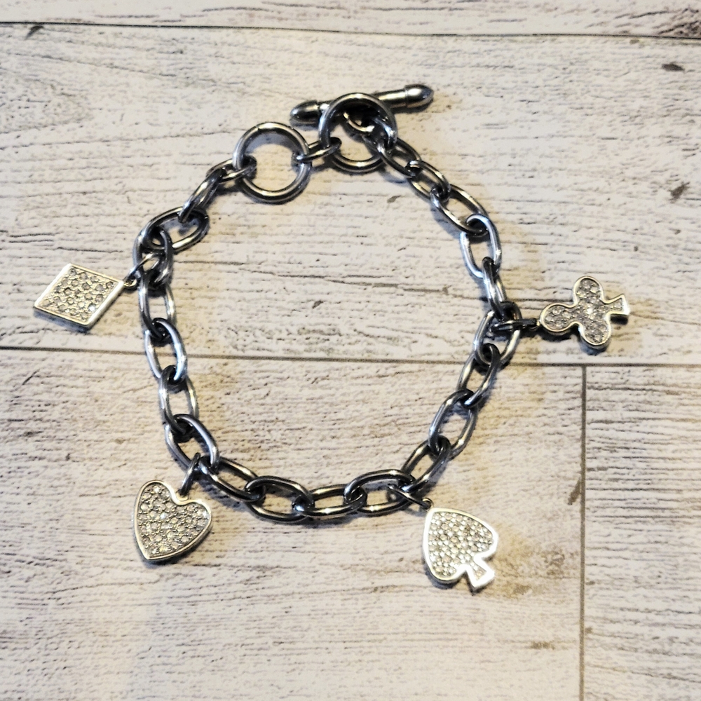 FOLLI FOLLIE Silver Crystal Charm Bracelet w/ Heart Spade Diamond & Club Charms